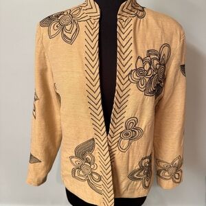 Susan Bristol Tan Cardigan with Black Floral Embroidery SILK